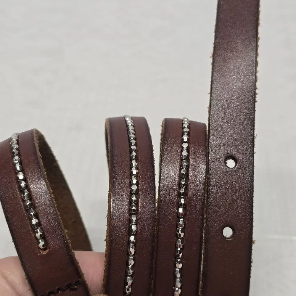 American Eagle Outfitters AEO Brown Genuine Leather Silver Beaded Skinny Belt XS